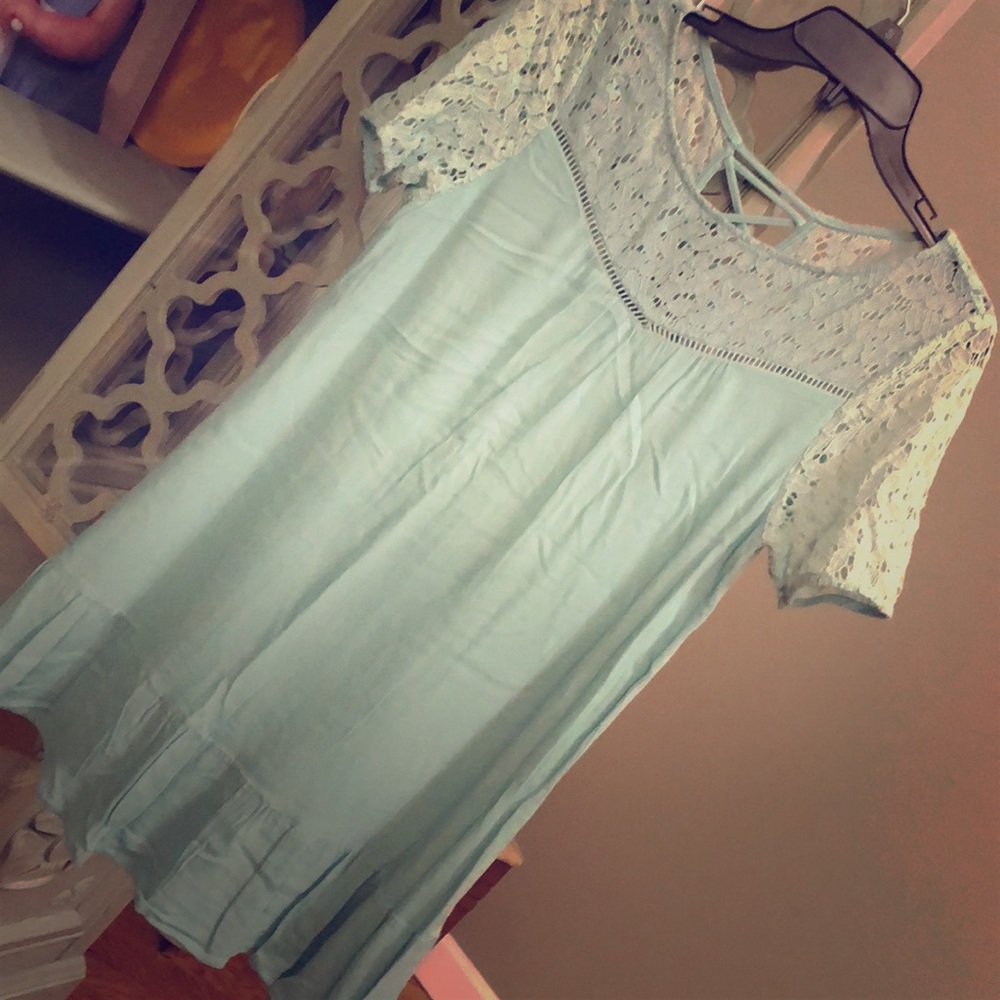 Details! Lace, criss cross back, ruffle! Adorable